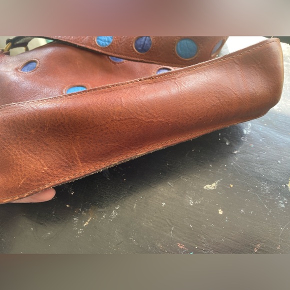 vintage brown genuine leather bag with blue polka dots accents - Picture 6 of 8